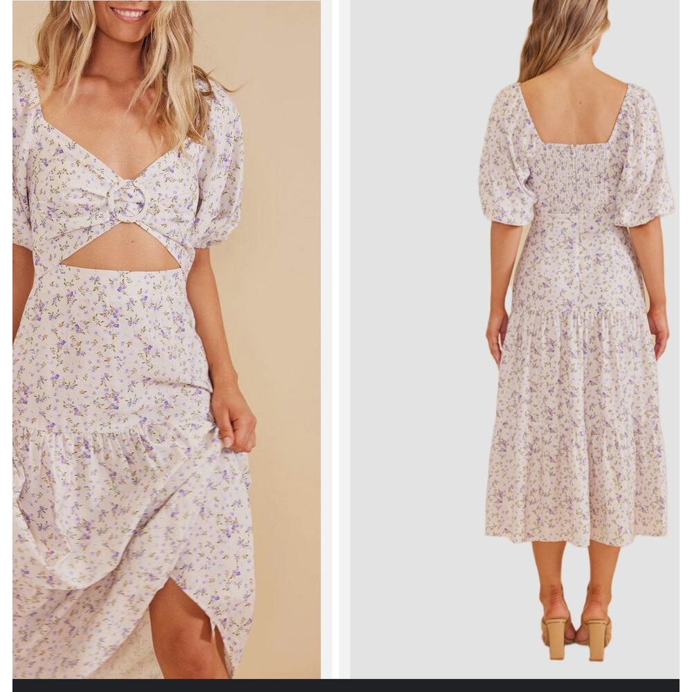 MinkPink Hailey Floral Print Prairie Smocked Midi NWT Dress